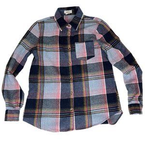 Passport Button-Front Shirt Multi-Color Plaid Long-Sleeve Sz. S Roll-Tab Sleeve
